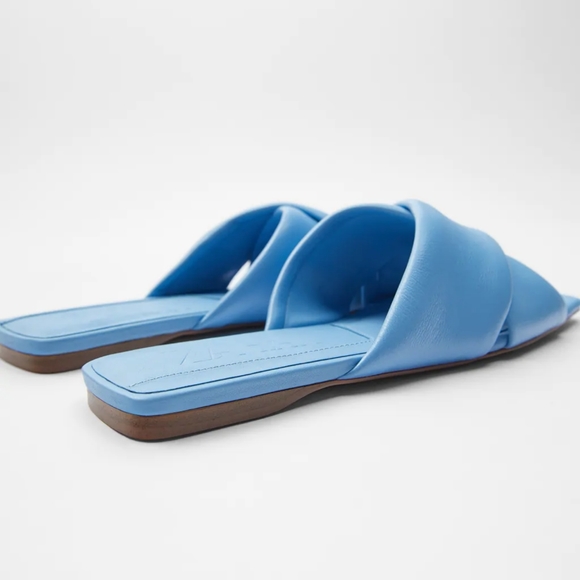 Zara flat leather padded blue sandals - Picture 3 of 7